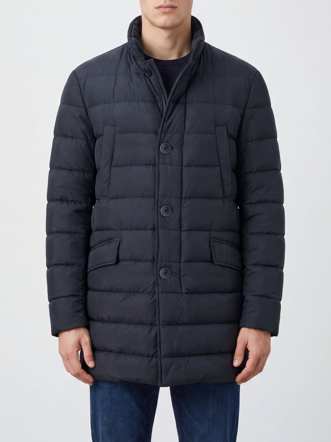Herno Long Quilted Nylon Puffer Coat with High Neck and Button Closure