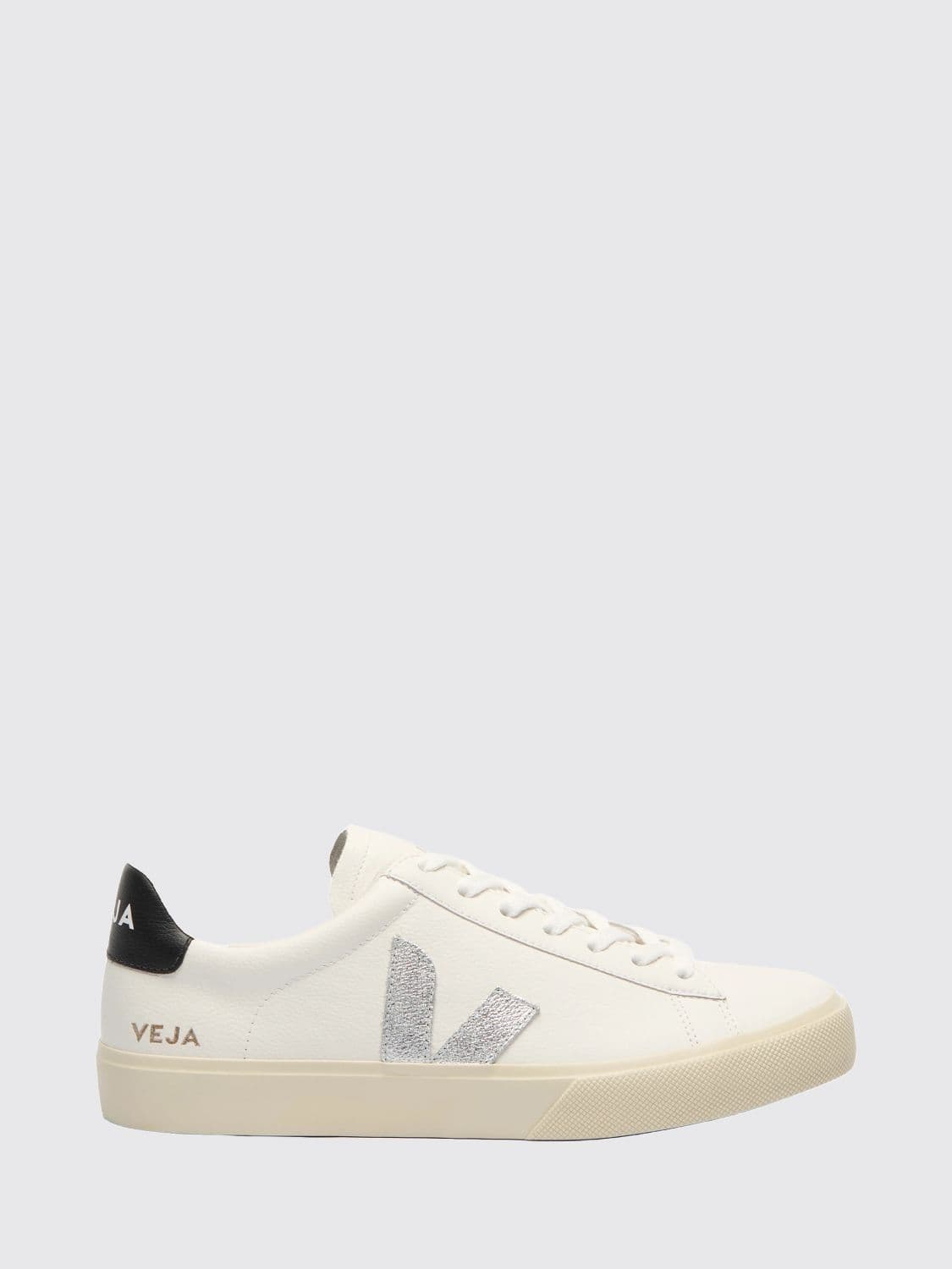 Veja Campo Silver Laminated Leather Sneakers with Contrast Logo