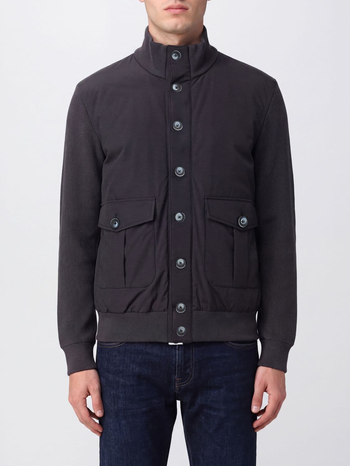Herno Cotton Bomber Jacket with High Neck and Button Closure