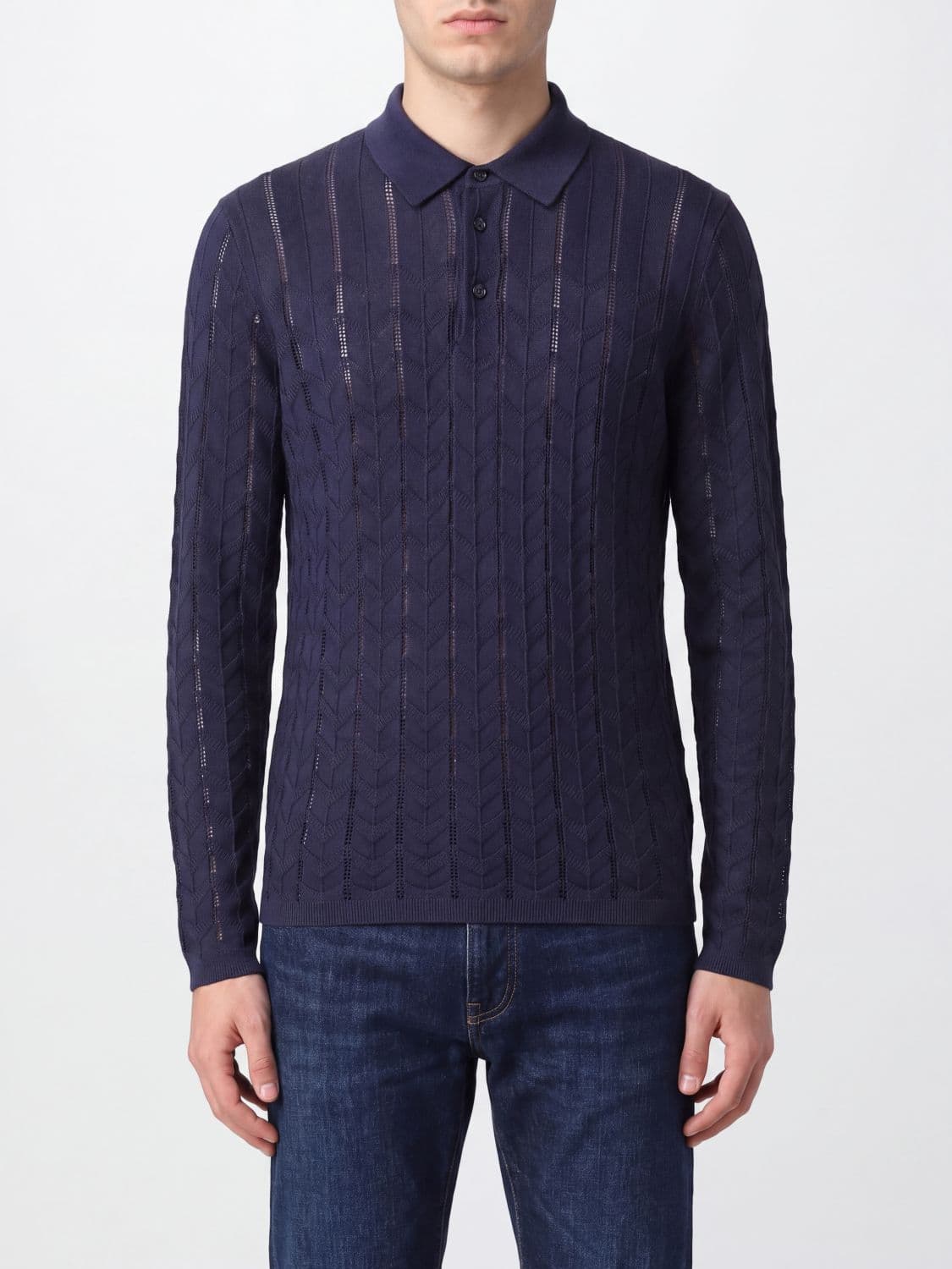 Emporio Armani Long-Sleeved Openwork Knit Polo in Lyocell and Wool