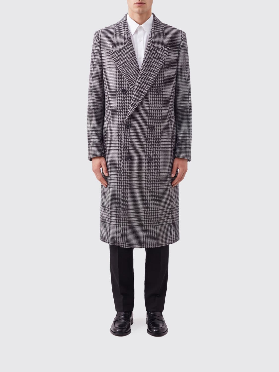 Emporio Armani Long Double-Breasted Virgin Wool Coat with Houndstooth Pattern