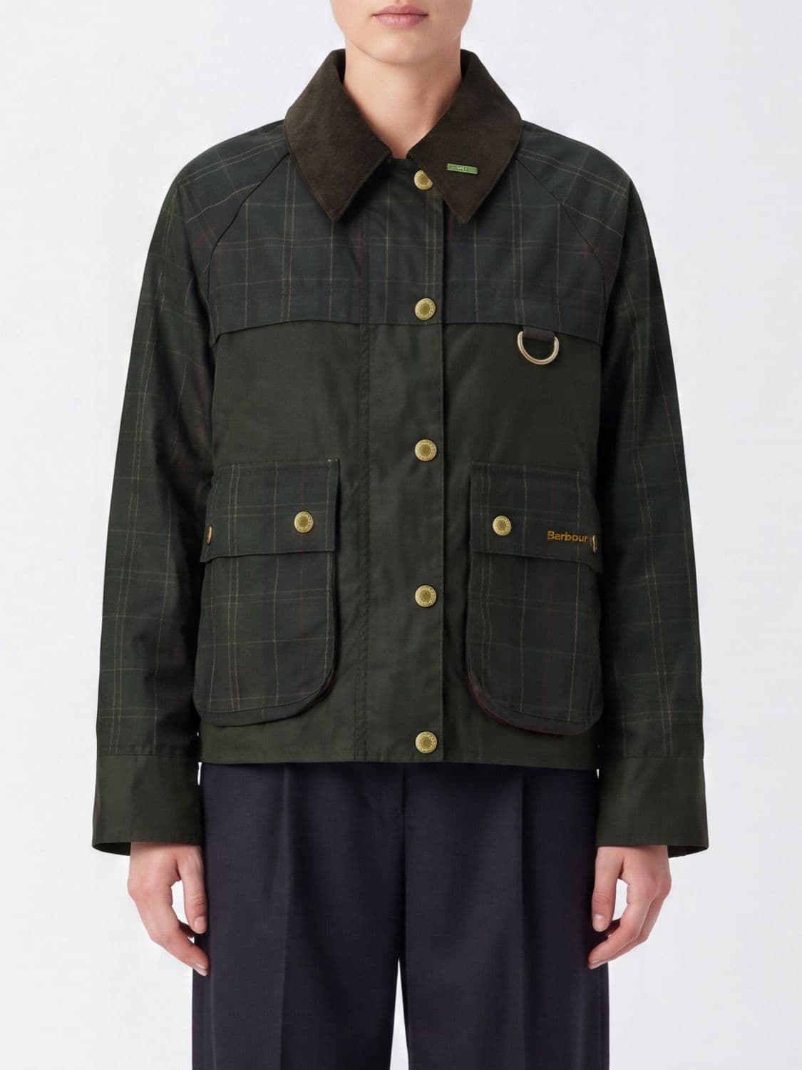 Barbour Spey Waxed Cotton Short Jacket with Velvet Collar and Tartan Lining