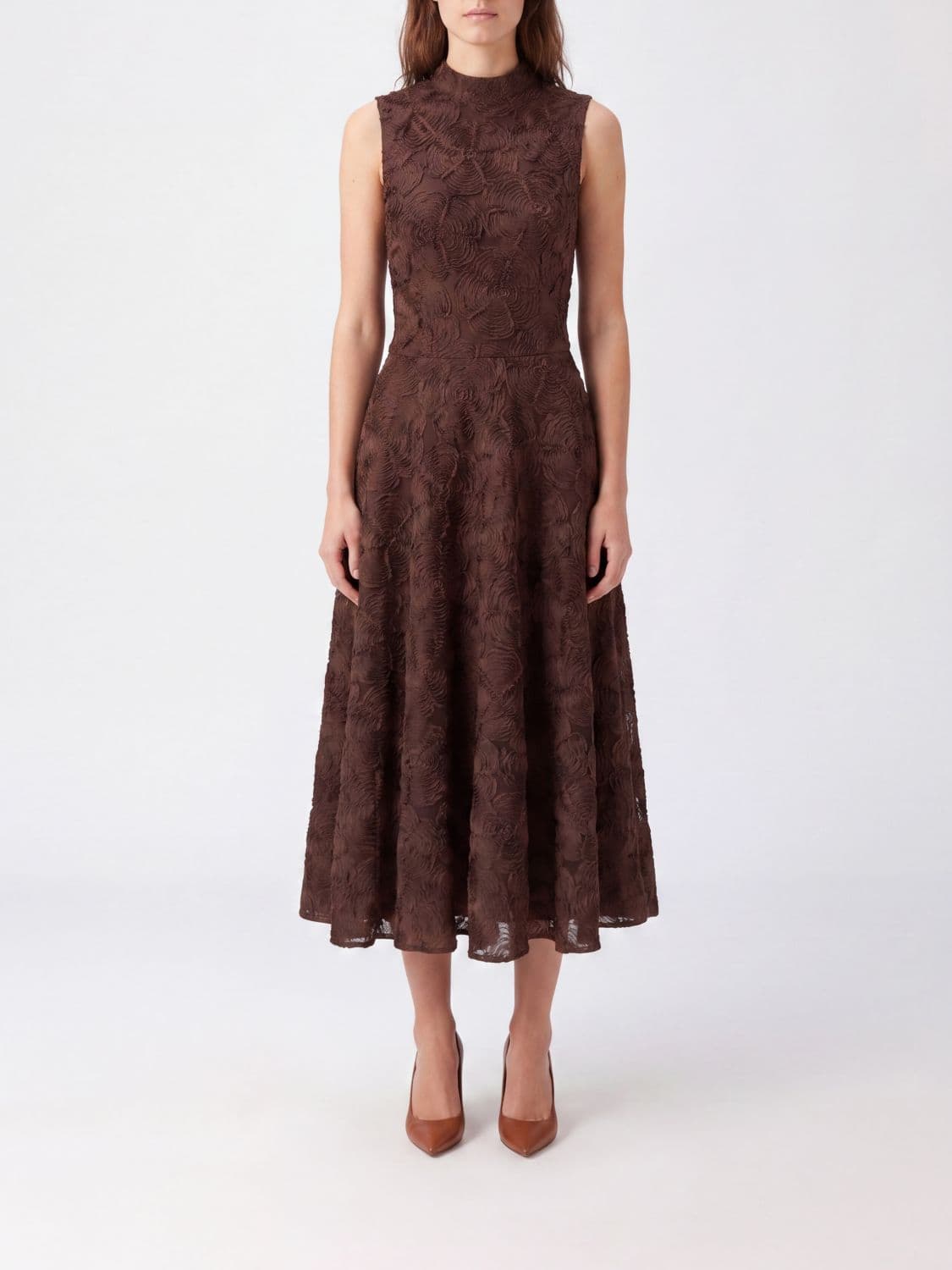 Rotate Off-the-Shoulder Floral-Print Mesh Midi Dress with Flared Skirt