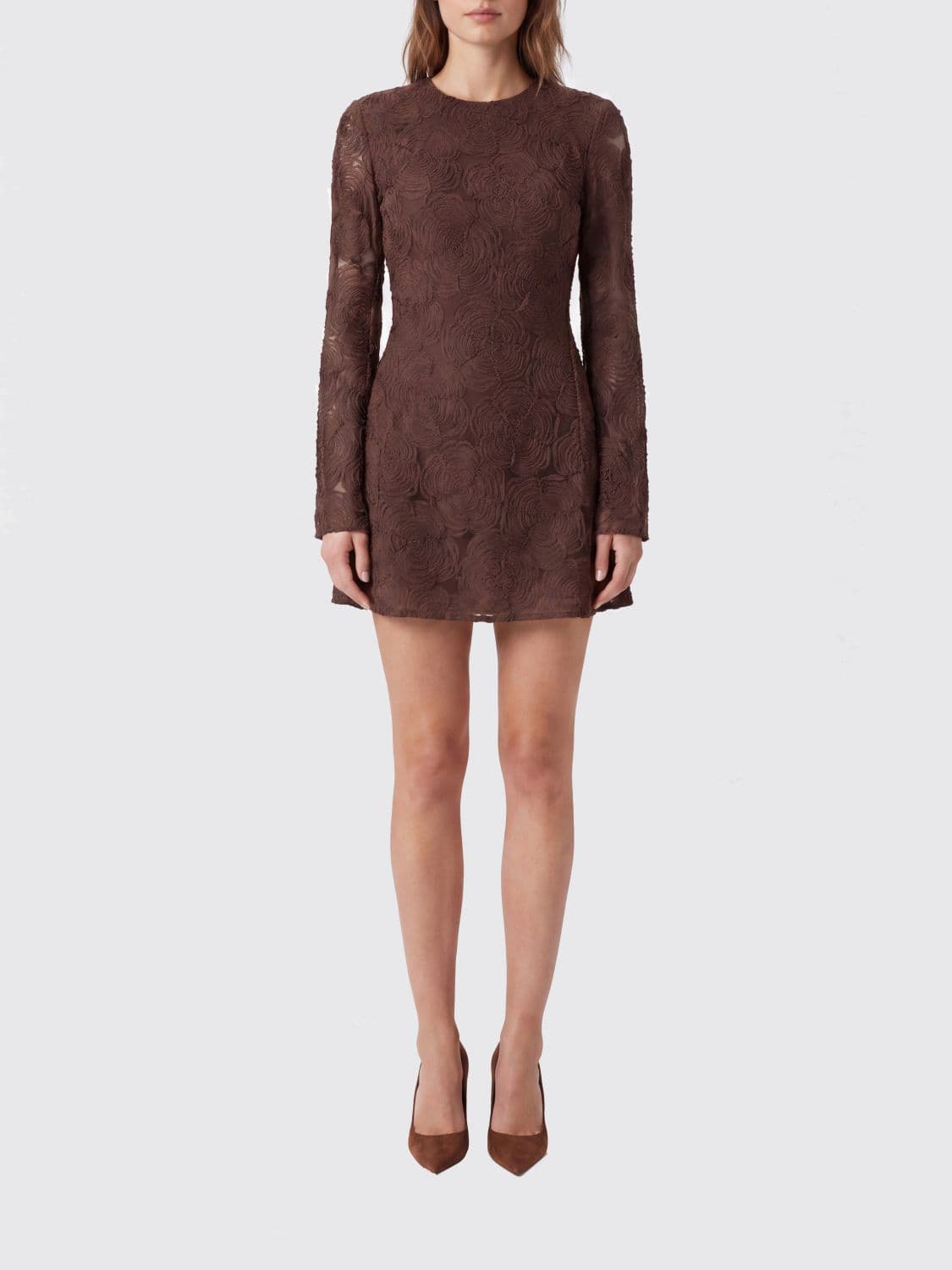 Rotate Floral Print Long-Sleeved Mesh A-Line Mini Dress