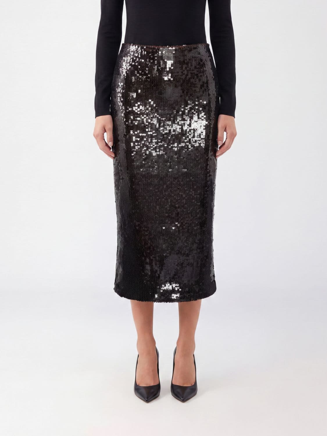 Rotate Recycled Polyester Sequin Pencil Midi Skirt with Slit