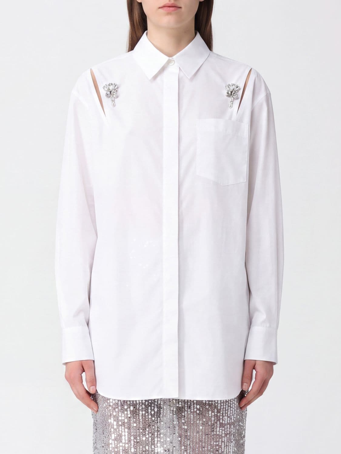 Simone Rocha Cotton Shirt with Rhinestone Embroidery and Cut-Out Details