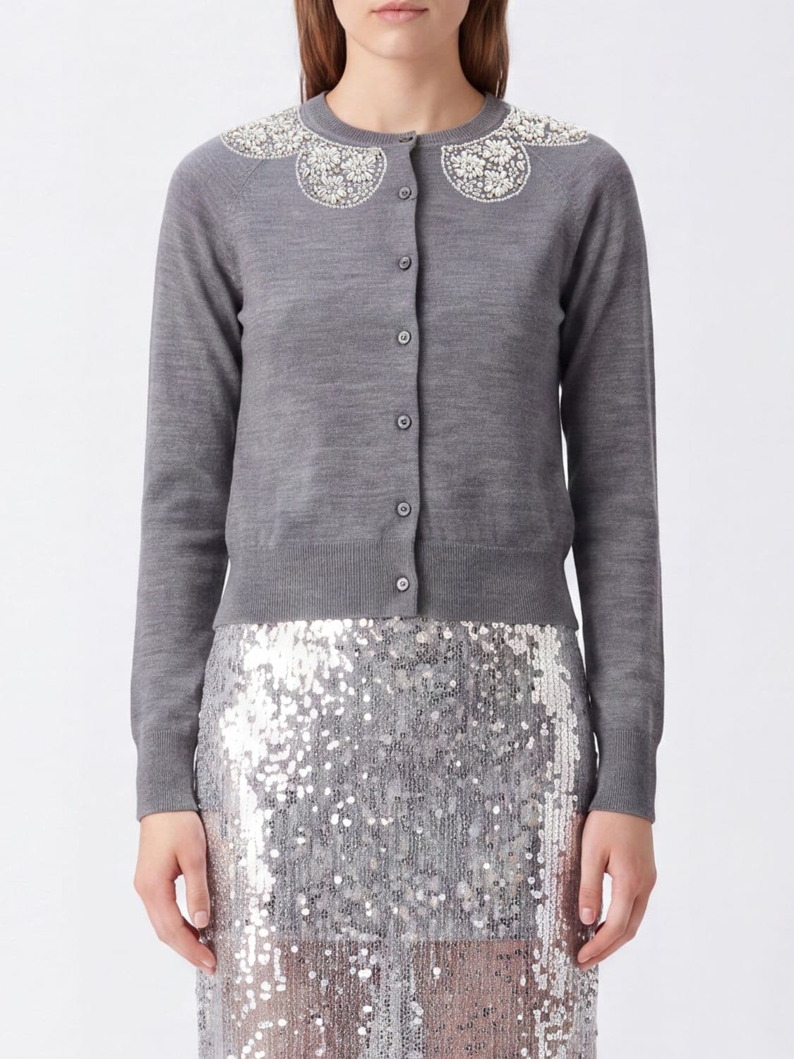 Simone Rocha Merino Wool and Silk Blend Cardigan with Pearl Embellishments