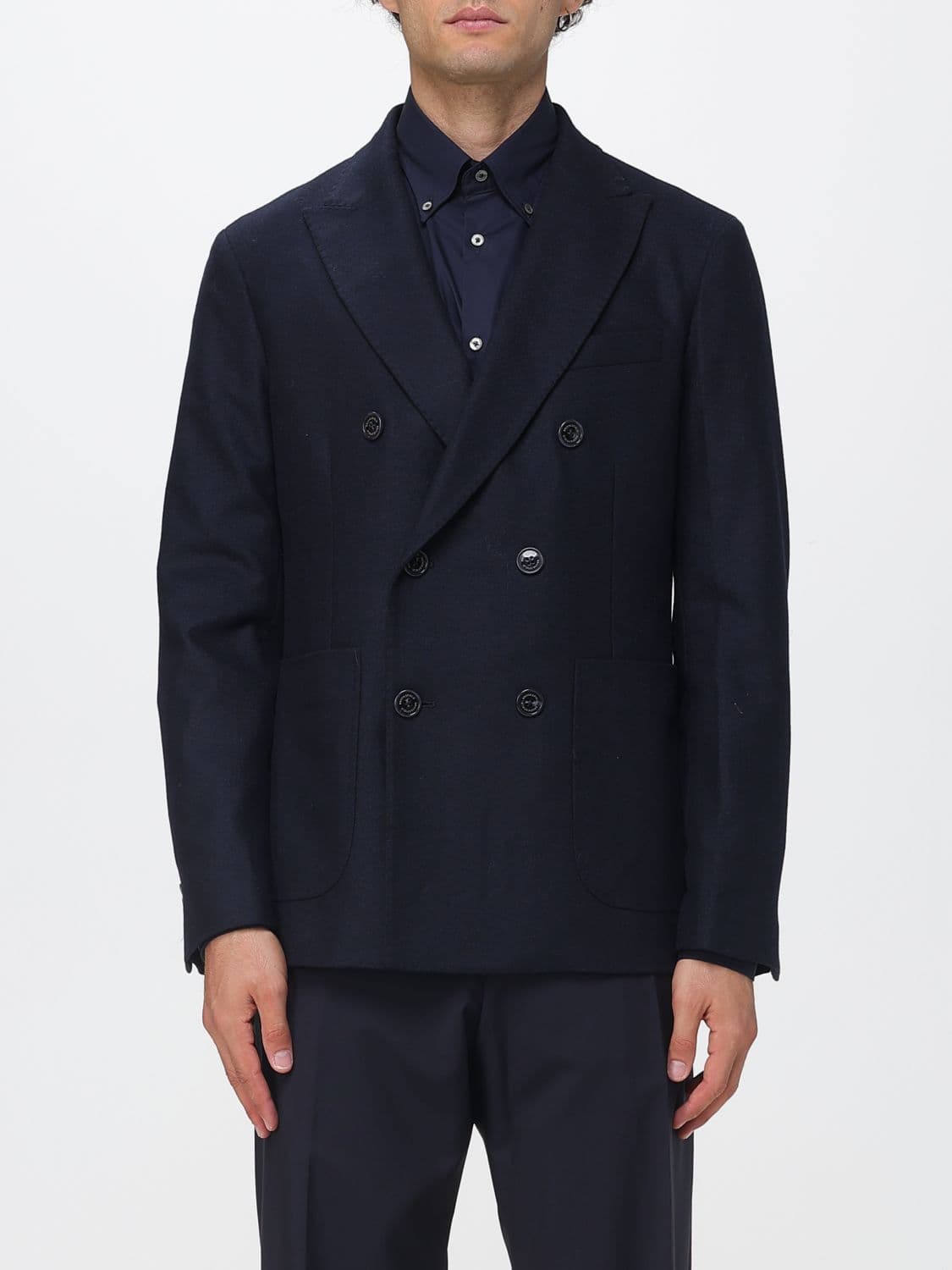 Brooksfield Double-Breasted Peacoat in Stretch Wool Flannel with Patch Pockets