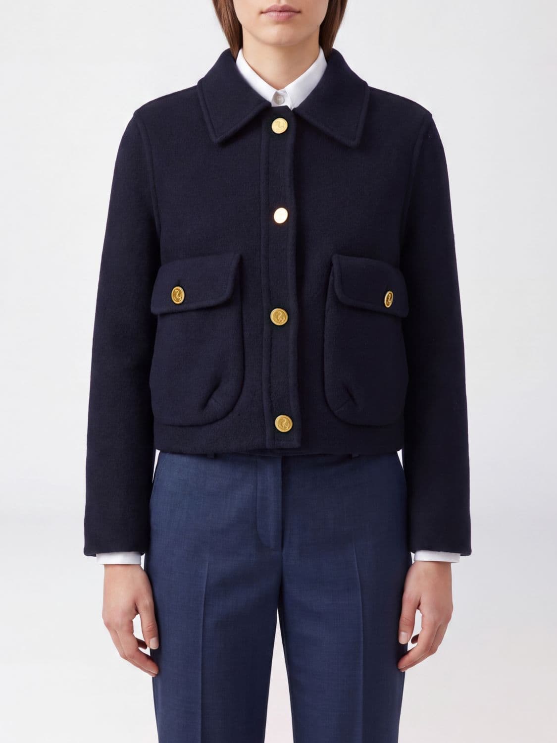 Thom Browne Single-Breasted Short Coat in Pure Virgin Wool with Patch Pockets