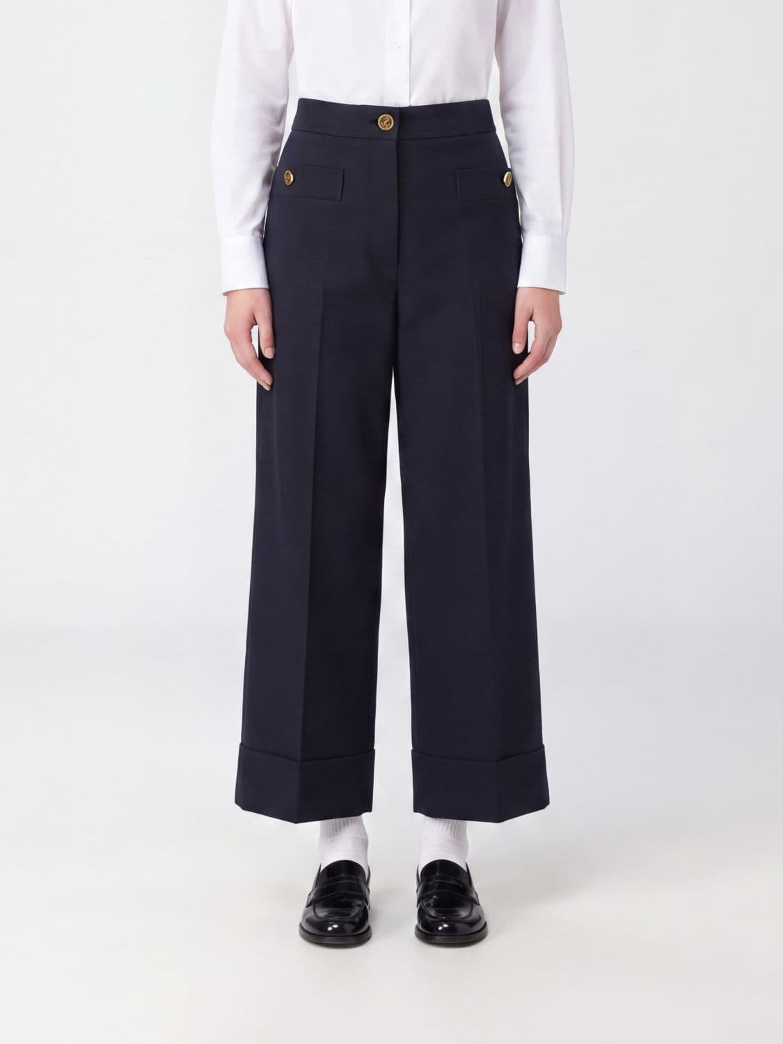 Thom Browne High-Waisted Wide-Leg Cropped Trousers in Virgin Wool