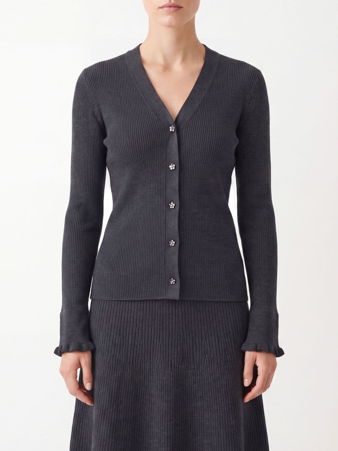 Cecilie Bahnsen Slim Fit Wool V-Neck Cardigan with Button Closure