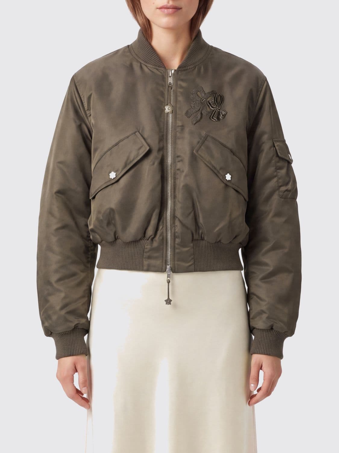 Cecilie Bahnsen Embroidered Padded Technical Fabric Bomber Jacket with Zip Closure
