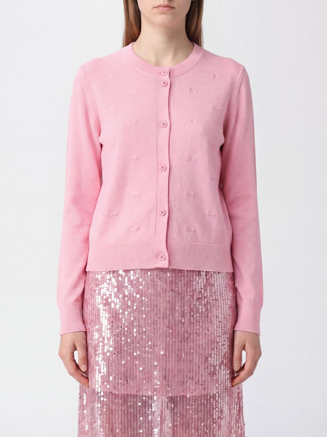 Cecilie Bahnsen Ramie Blend Crewneck Cardigan with Delicate Embroidered Details