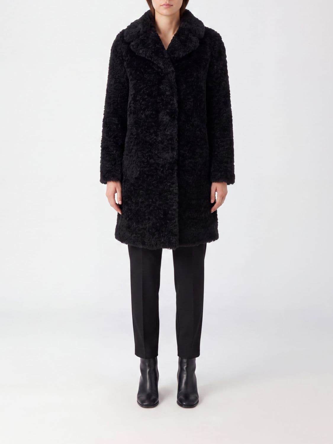 Herno Knee-Length Single-Breasted Faux Fur Coat with Lapel Collar