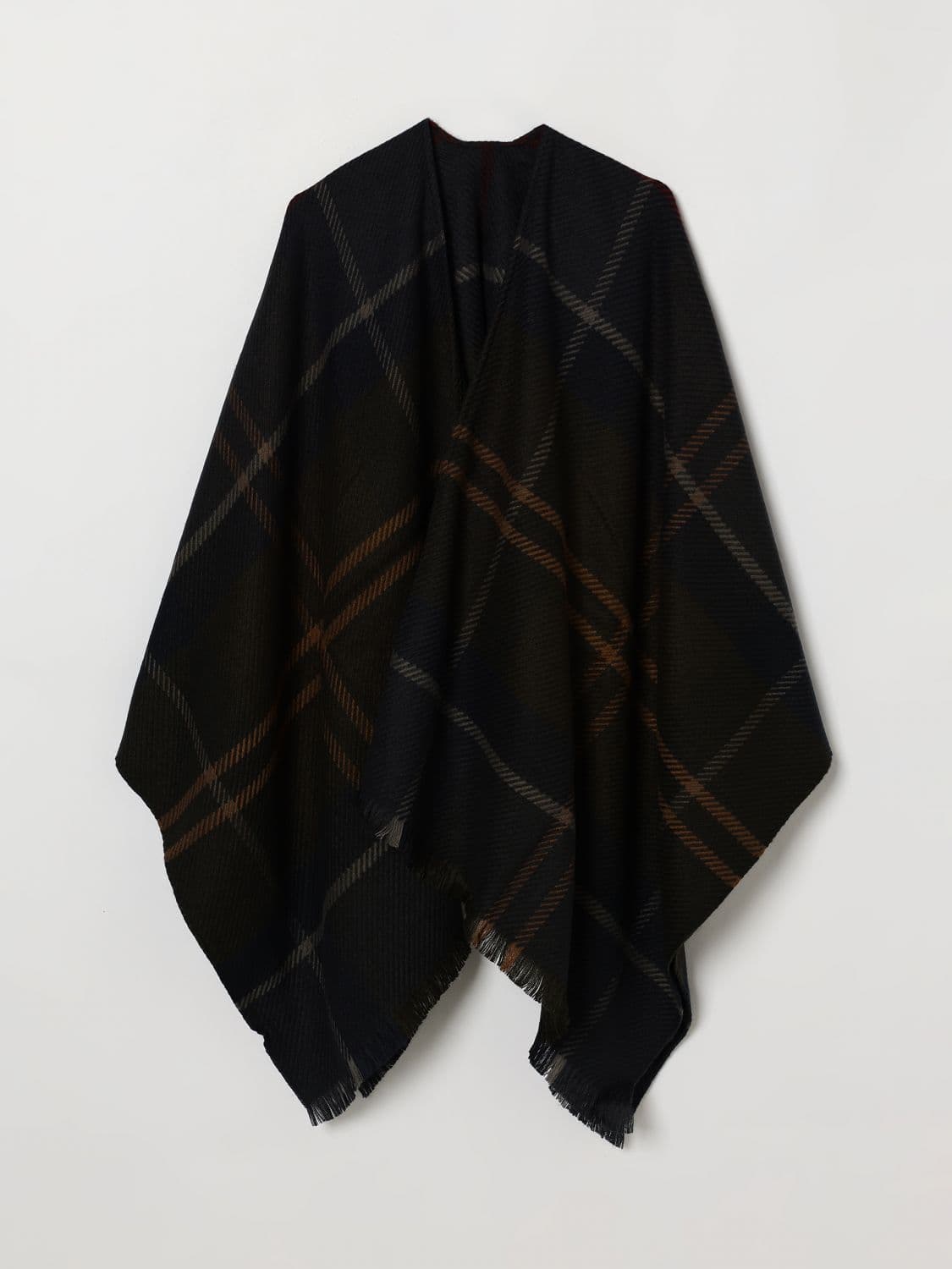 Barbour Check Acrylic Cape with Asymmetrical Design and Fringes · OS