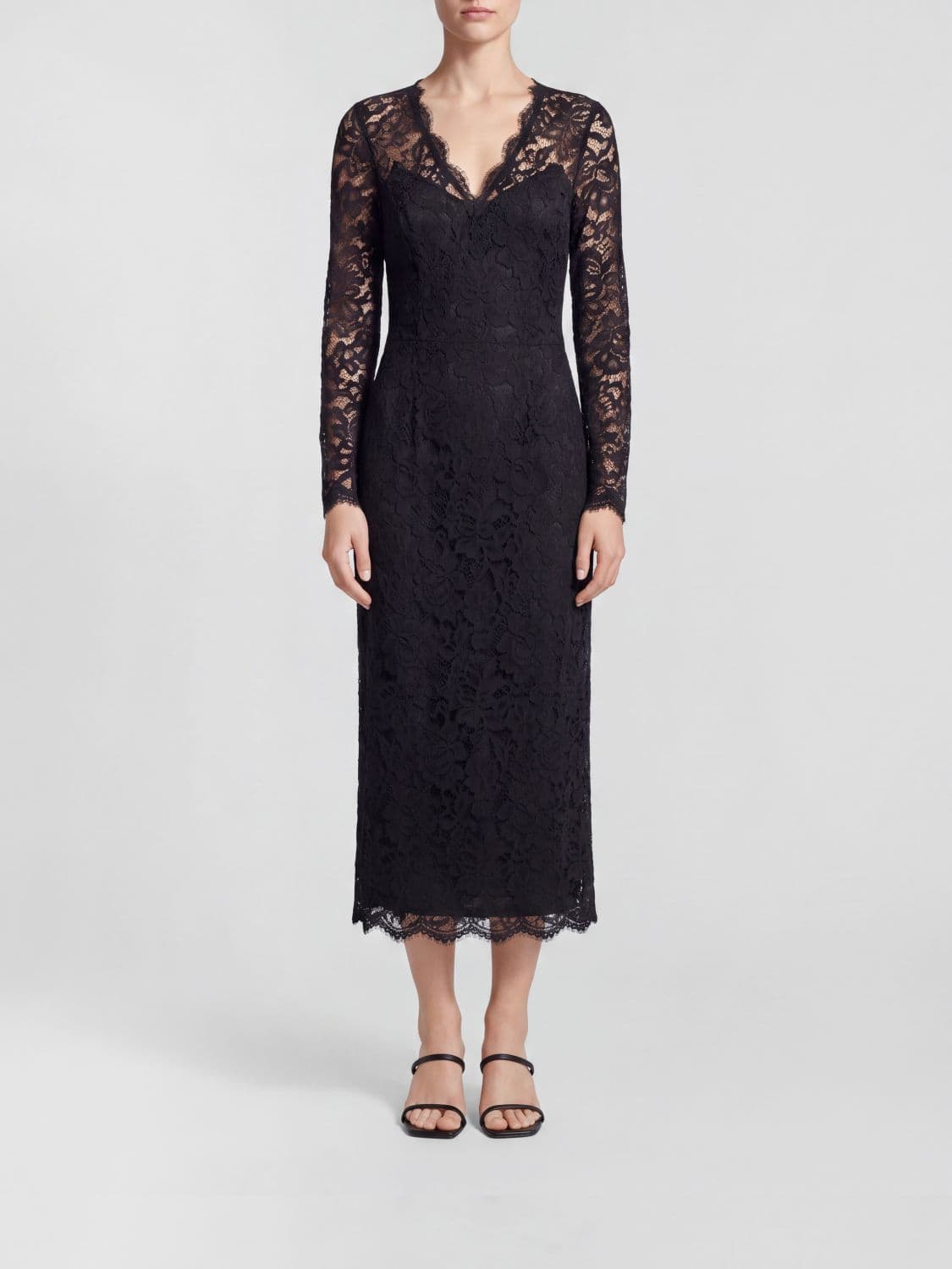 Dolce & Gabbana Sheer Lace V-Neck Midi Sheath Dress · 42