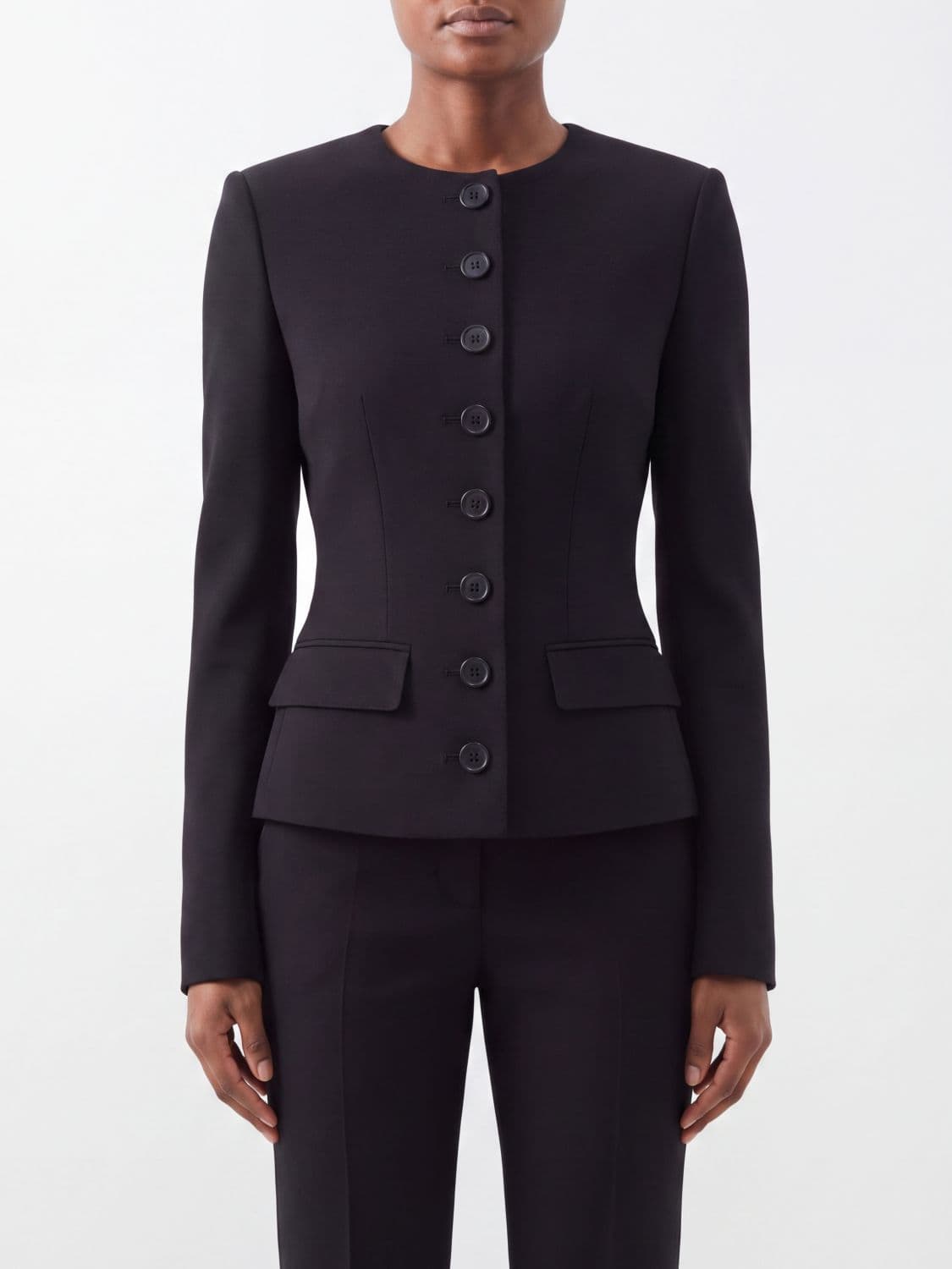 Dolce & Gabbana Slim Fit Single-Breasted Short Wool Blazer with Crew Neck