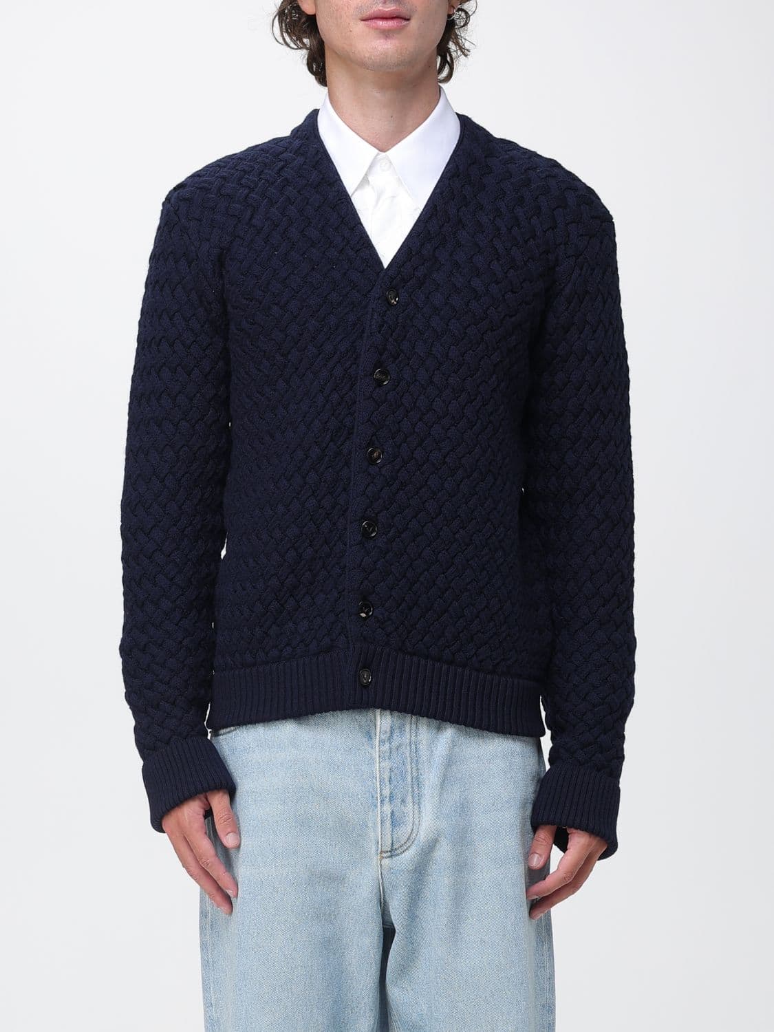 Bottega Veneta Intrecciato Pattern Wool Cardigan with V-Neck