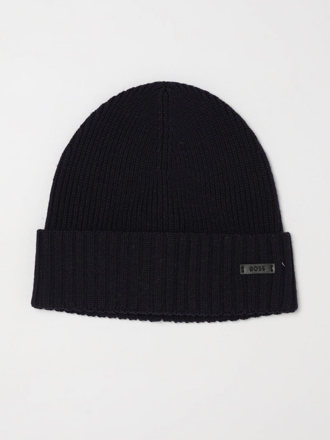 Boss Ribbed Pure Wool Beanie Hat with Turn-Up Cuff and Metal Logo