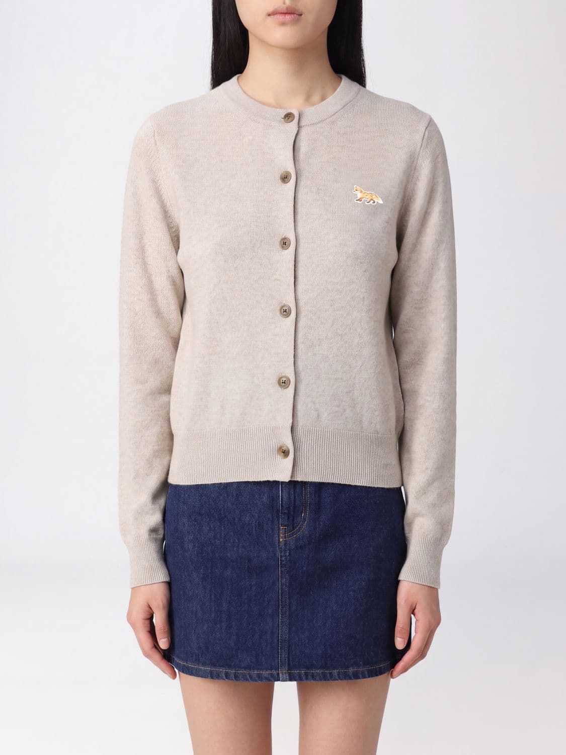 Maison Kitsuné Wool Crewneck Cardigan with Embroidered Logo