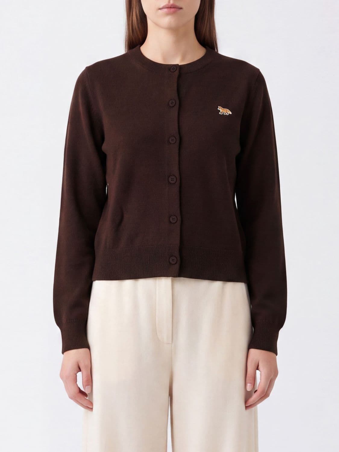 Maison Kitsuné Wool Crewneck Cardigan with Embroidered Logo