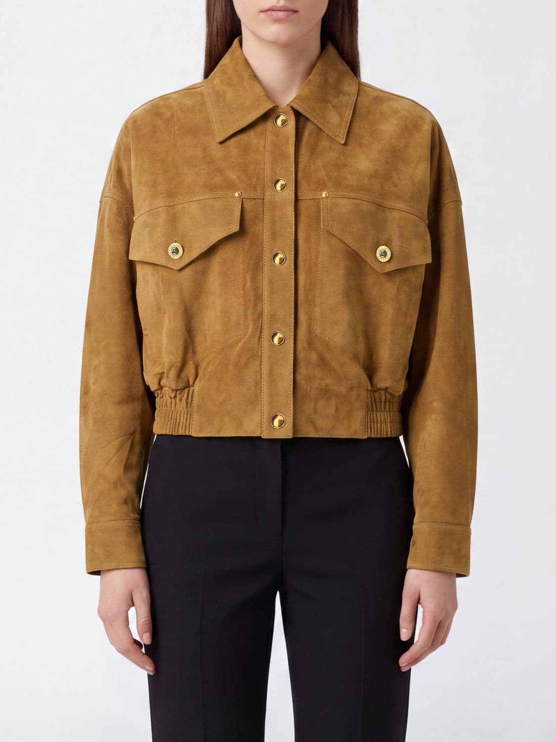 Versace Suede Leather Shirt-Style Bomber Jacket with Classic Collar