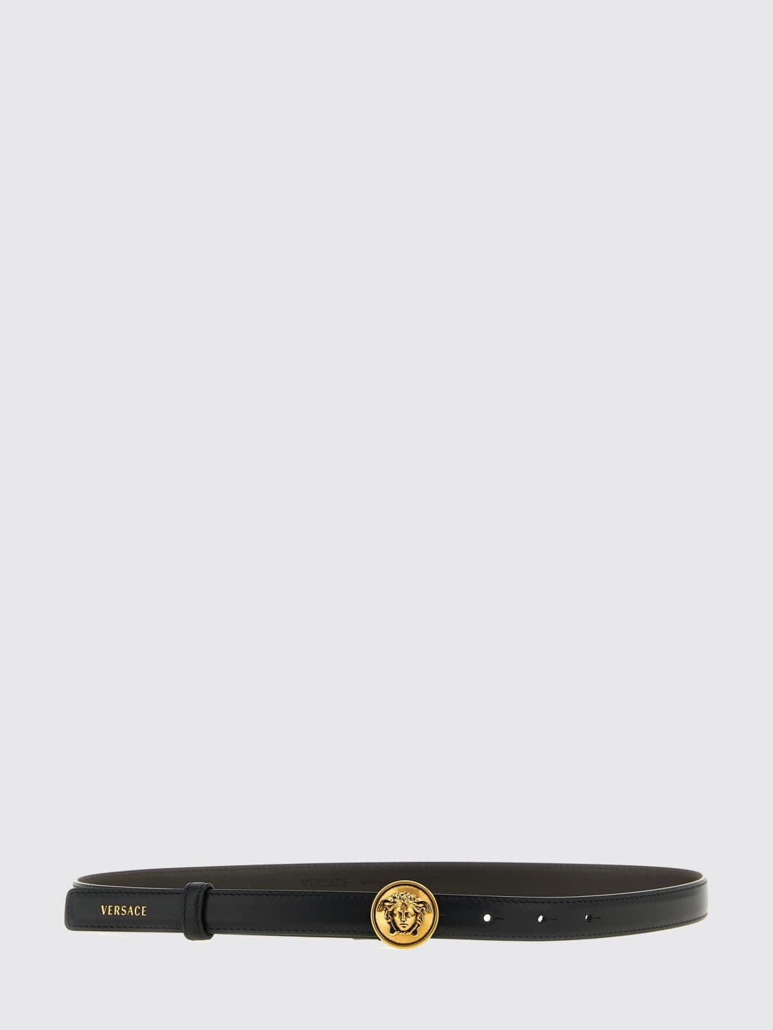 Versace Calfskin Leather Belt with Monogram Buckle and Logo