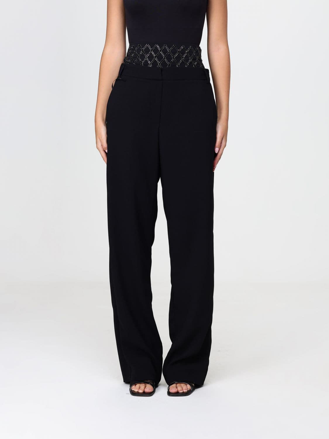 Simona Corsellini High-Waisted Wide-Leg Trousers with Beaded Embroidery