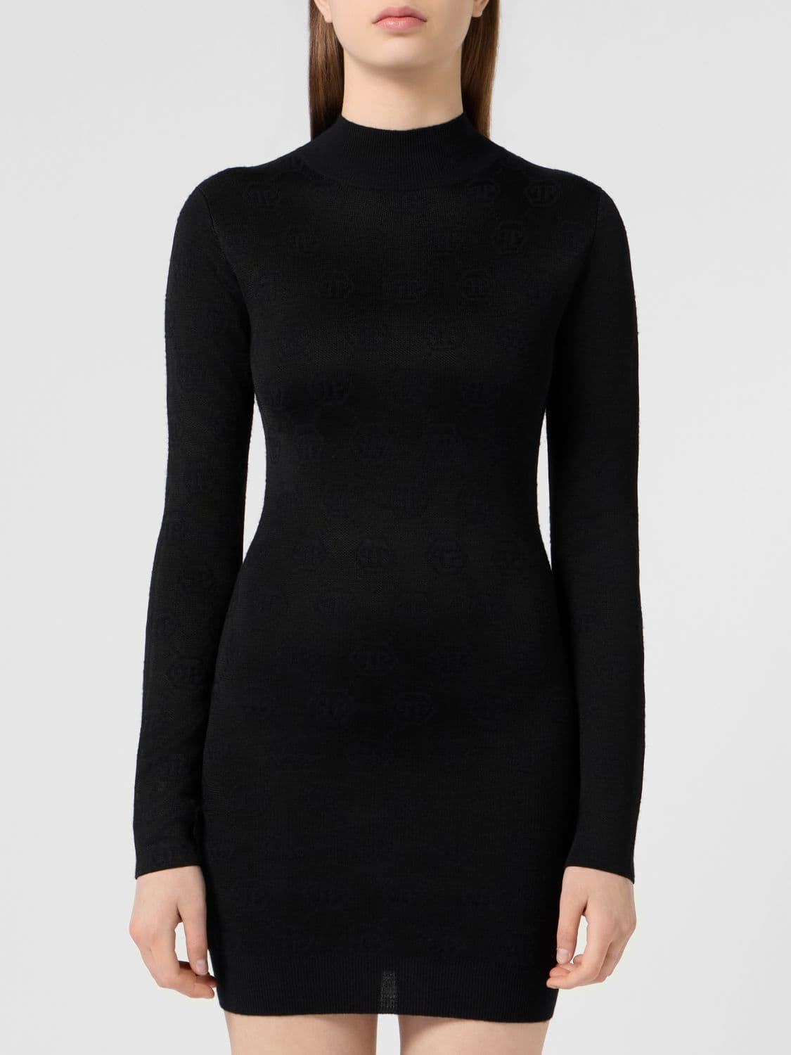 Philipp Plein High-Neck Jersey Sheath Mini Dress with Long Sleeves