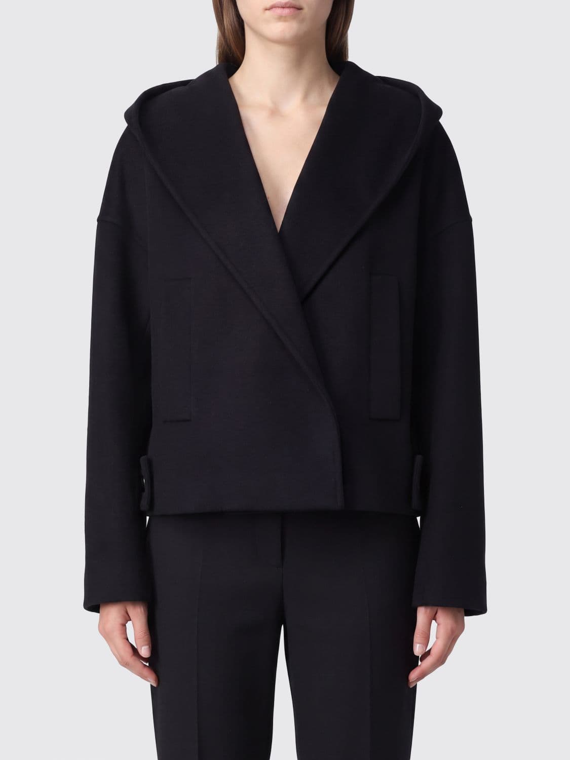 Sportmax Hooded Double-Breasted Wool Pea Coat with Shawl Collar