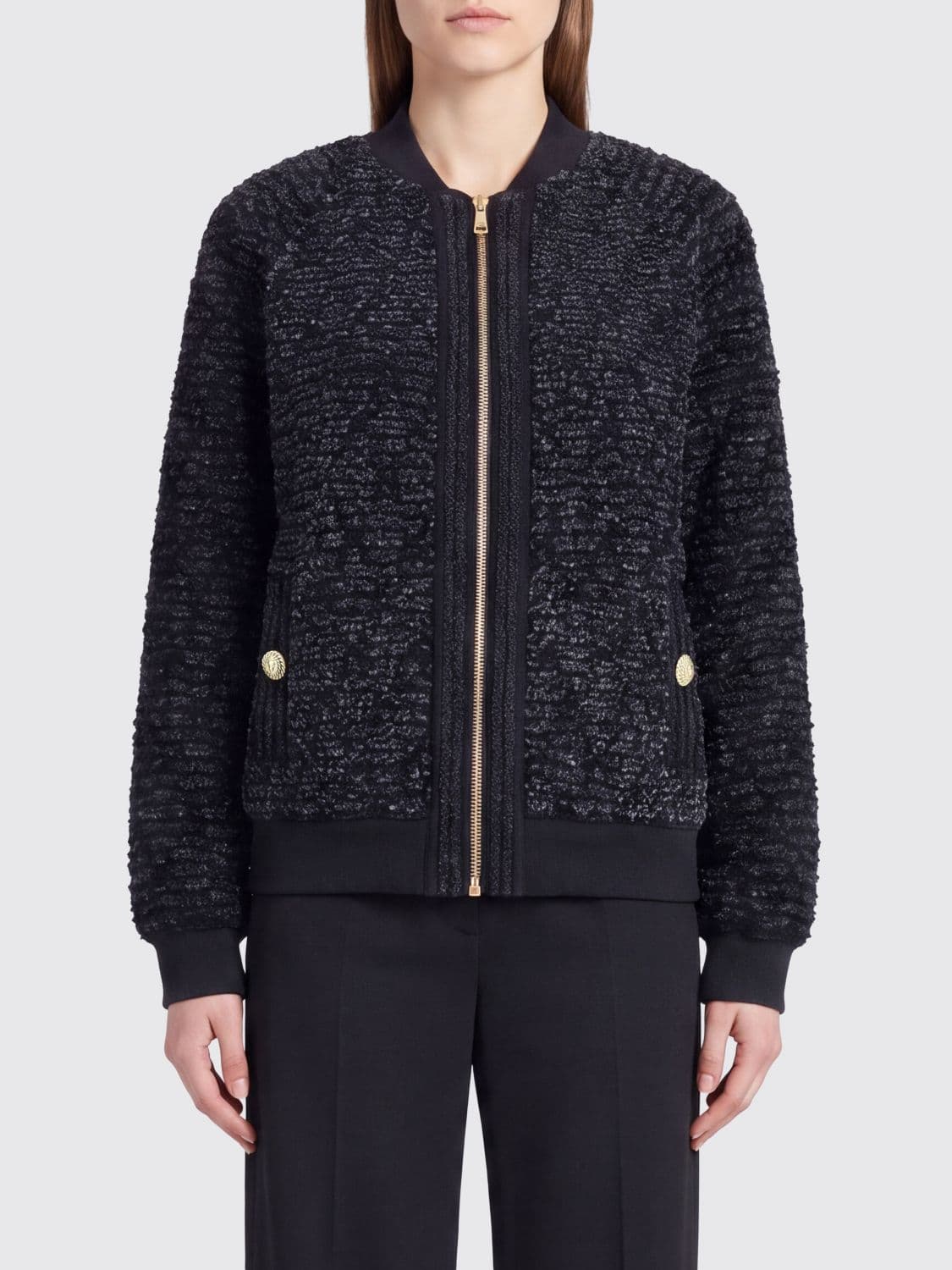 Balmain Cropped Bouclé Bomber Jacket with Zip Closure and Welt Pockets