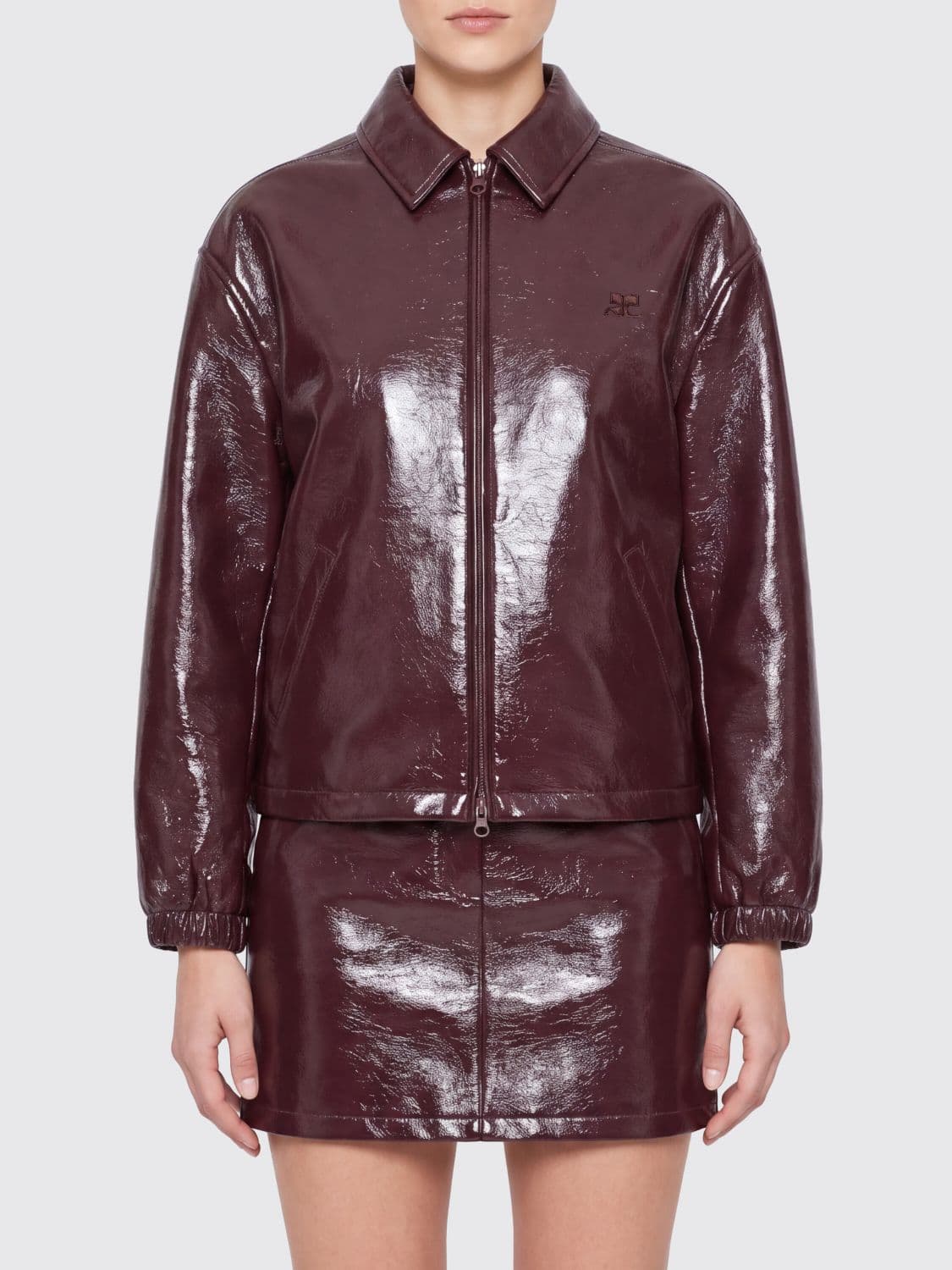 Courrèges Cropped Patent-Effect Coated Cotton Jacket with Zip