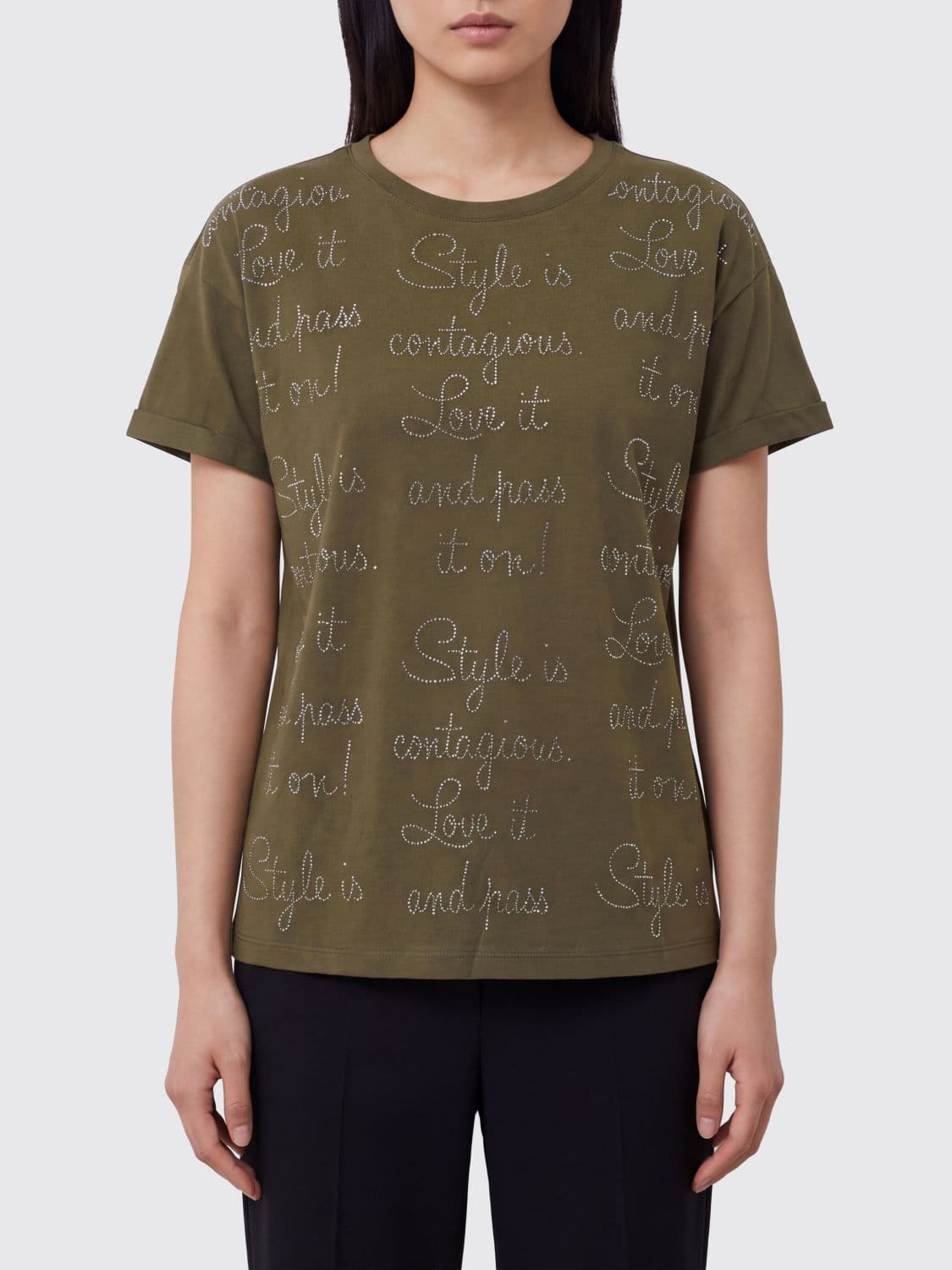 Liu Jo Cotton T-shirt with Rhinestone Logo and Slogan