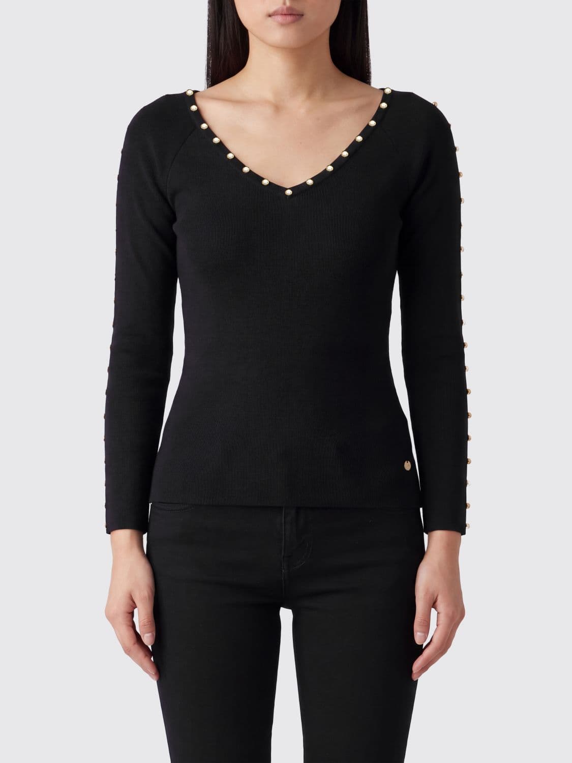 Liu Jo Slim Fit V-Neck Viscose Jumper with Crystal Embellishments