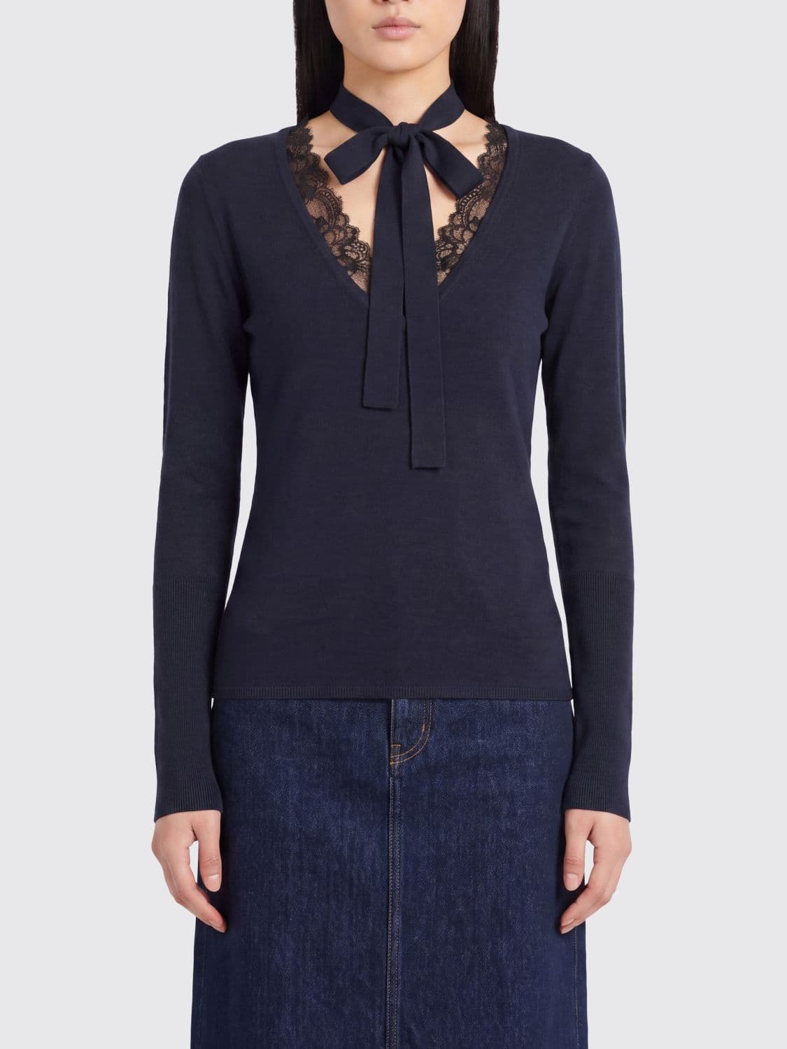 Pinko Slim Fit Wool Jumper with V-Neck and Scarf Tie