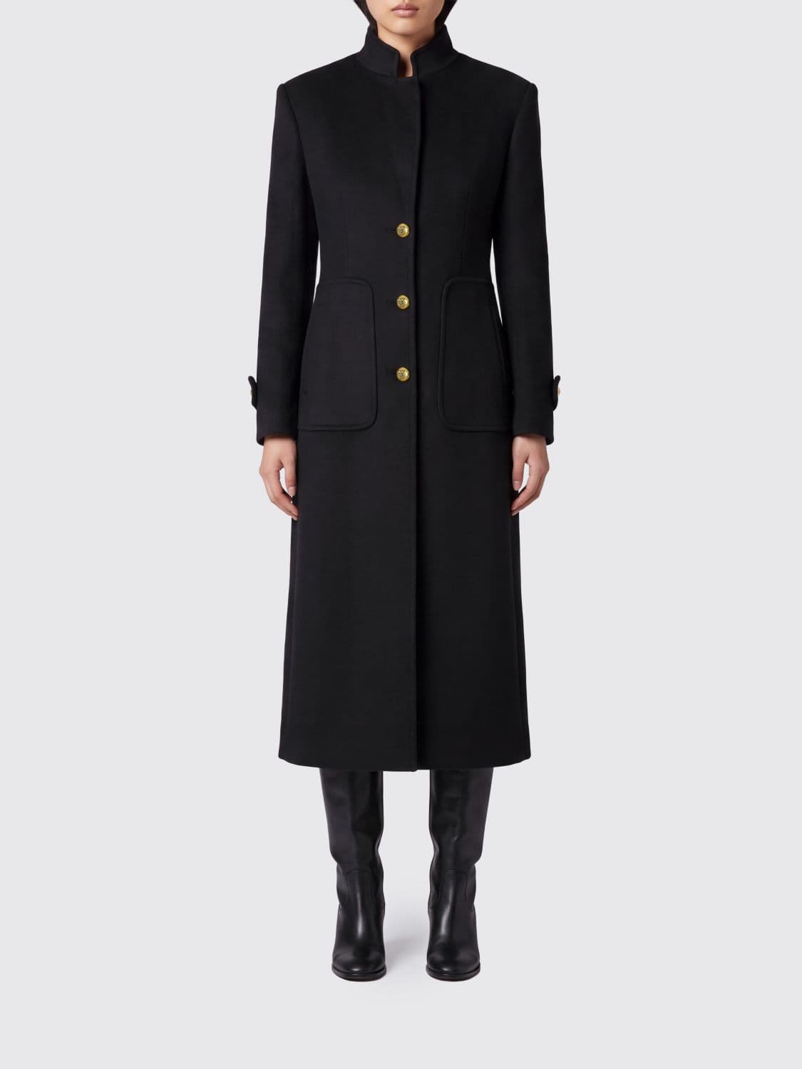 Pinko Single-Breasted Long Wool and Cashmere Blend Coat with High Neck