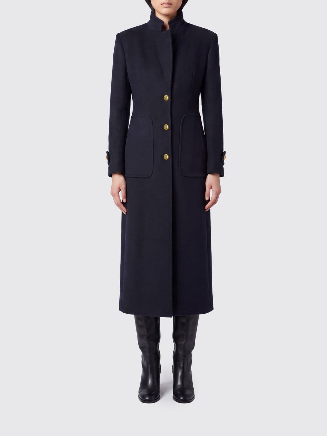 Pinko Single-Breasted Long Wool and Cashmere Blend Coat with High Neck