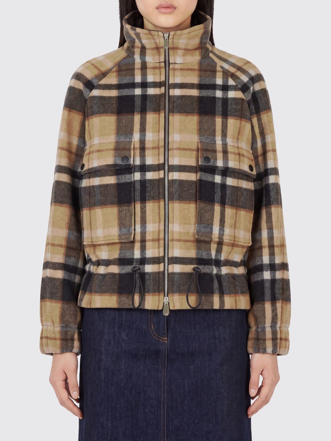 Pinko Tartan Wool Blend Short Parka with Funnel Neck