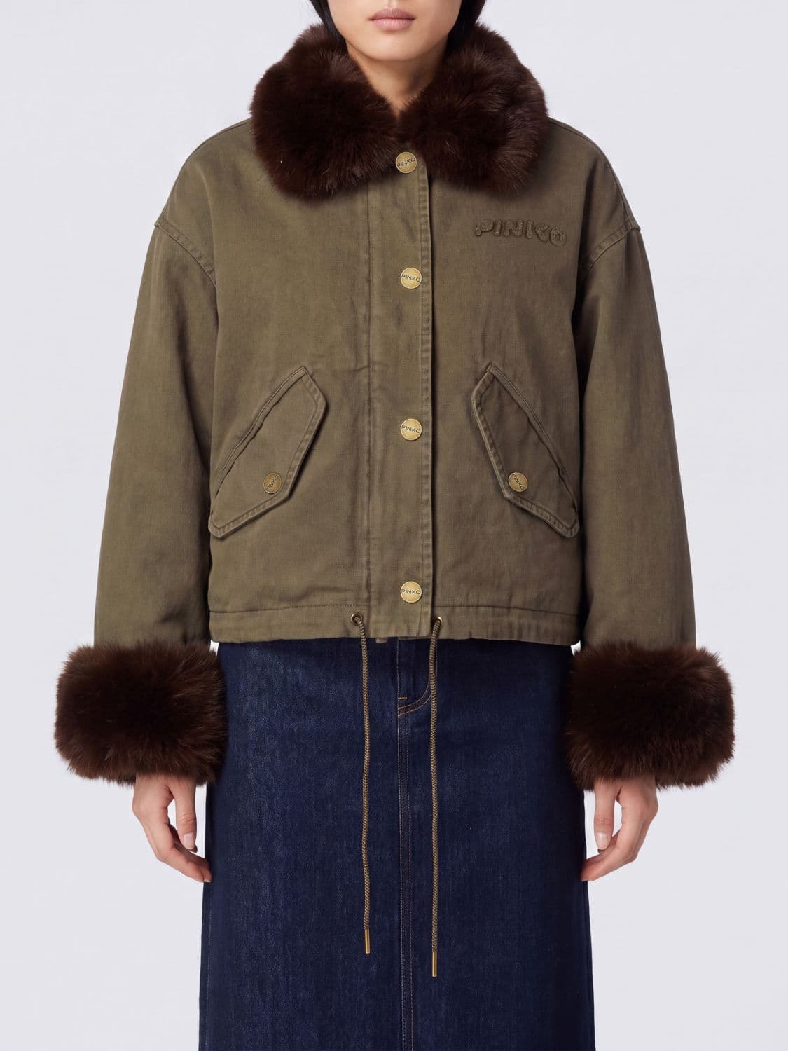 Pinko Short Cotton Parka with Faux Fur Collar and Cuffs