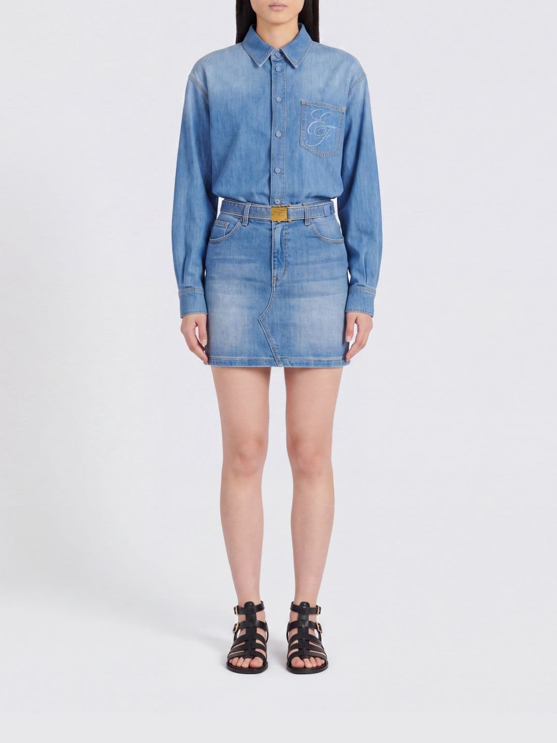Elisabetta Franchi Stretch Denim Mini Shirtdress with Embroidered Logo · 38