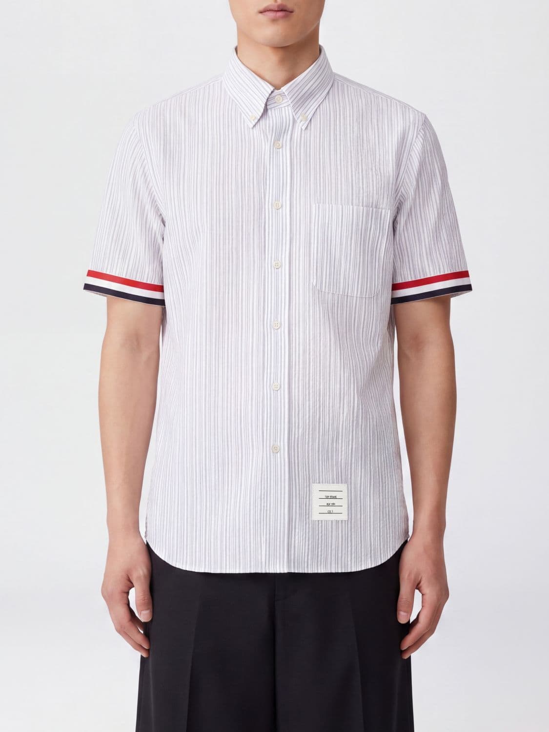 Thom Browne Striped Short-Sleeve Shirt with Button-Down Collar · 2