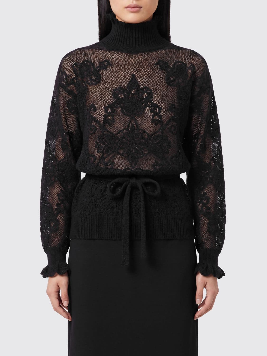 Twinset Alpaca Blend Turtleneck Jumper with Embroidery and Bow Closure