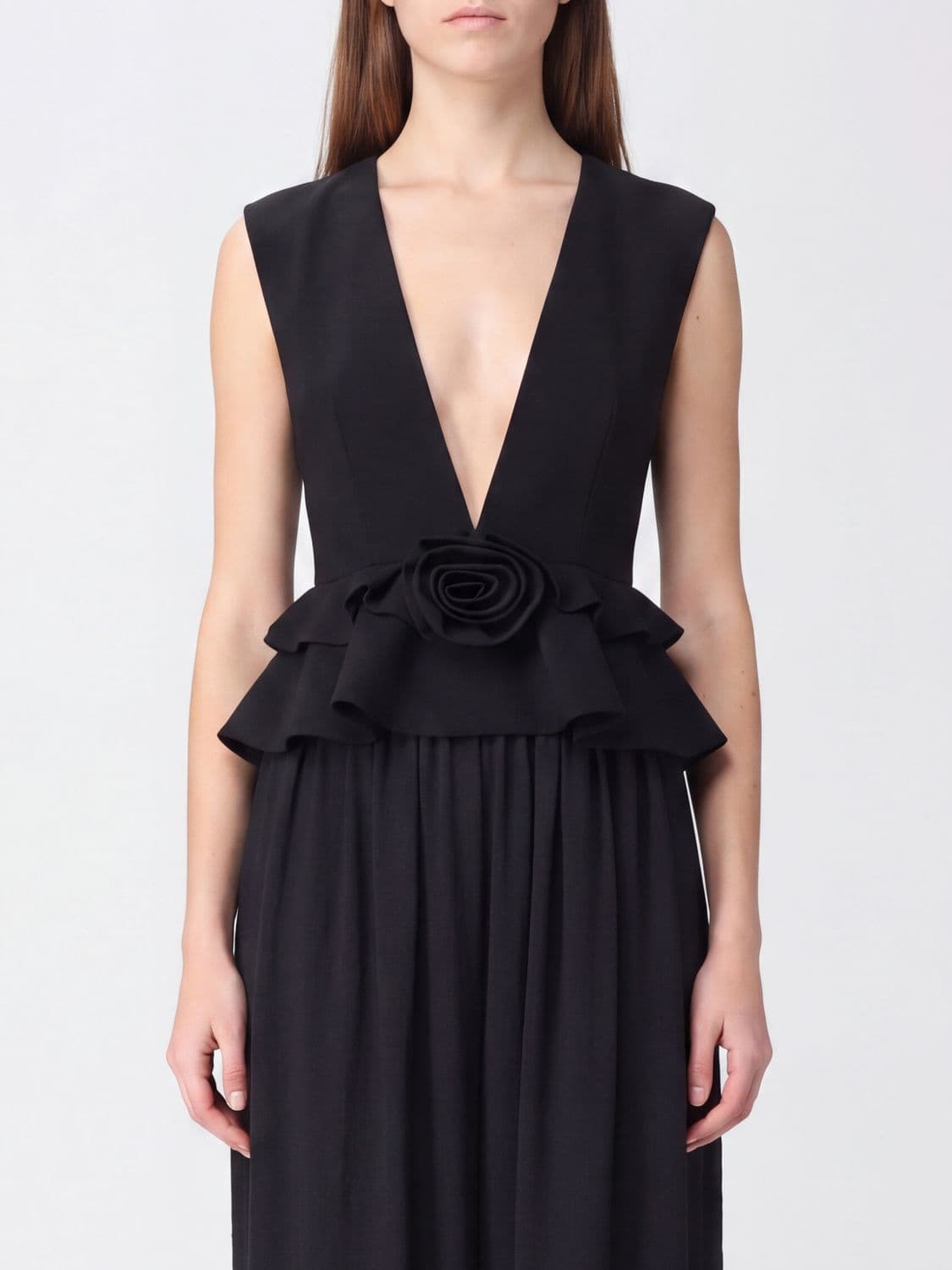 Rotate Sleeveless Evening Top with Ruffles and Floral Appliqué