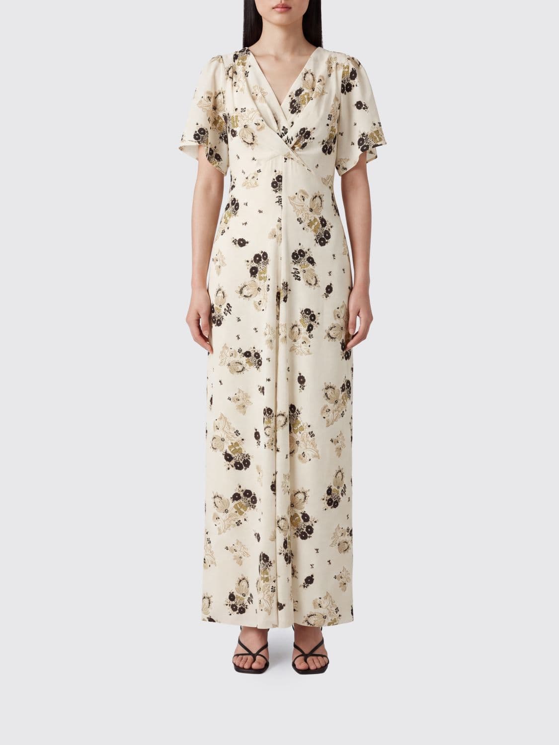 Isabel Marant Falja Floral Print Silk Long Dress with Short Sleeves
