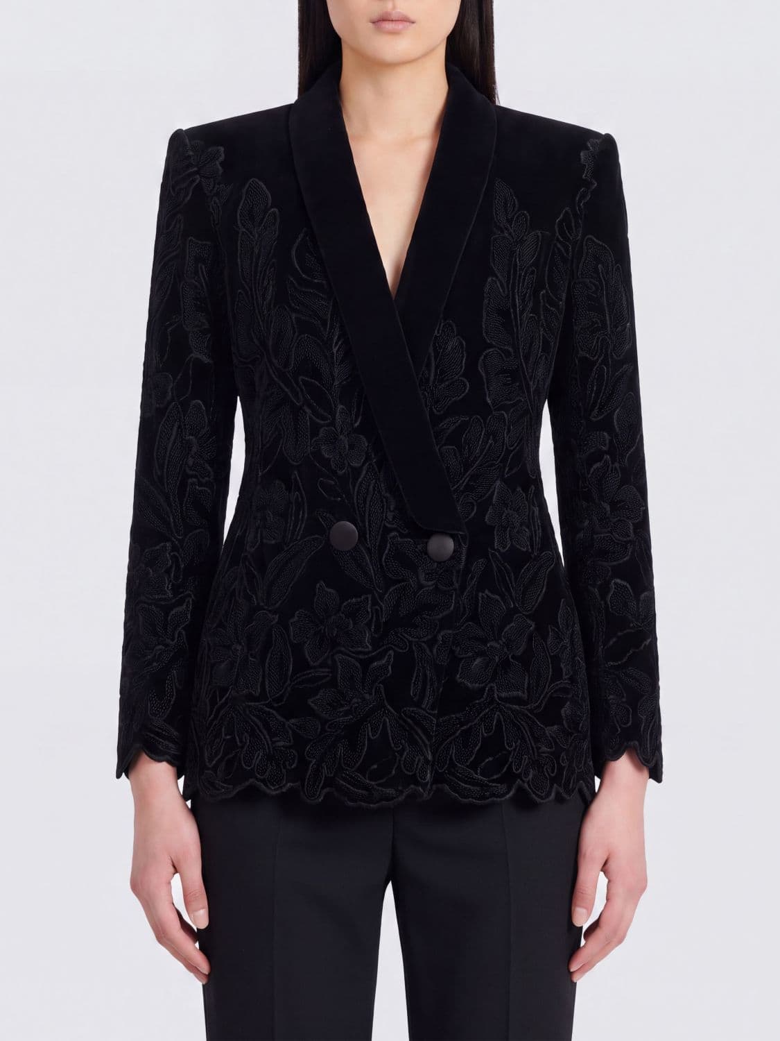 Balmain Double-Breasted Velvet Blazer with Floral Embroidery and Shawl Collar