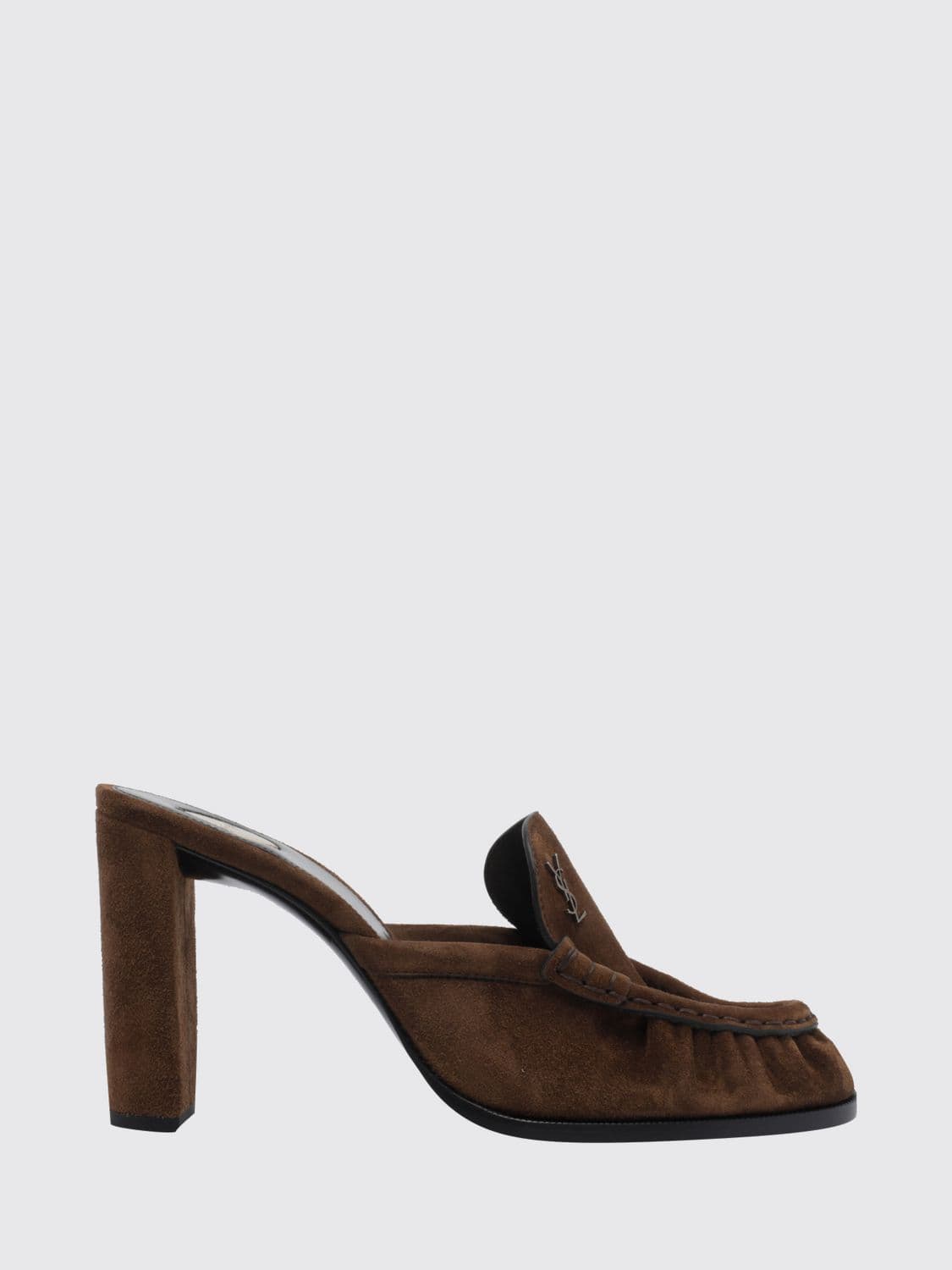 Saint Laurent Le Loafer Suede Mules with High Block Heel and YSL Logo