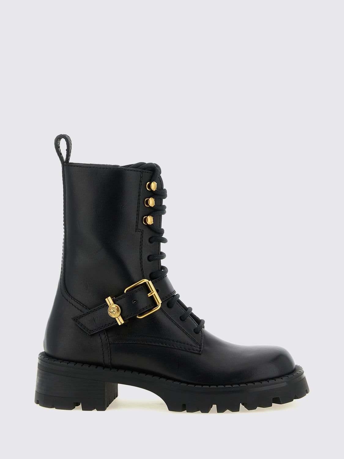 Versace Roxy Smooth Calfskin Leather Combat Boots with Medusa Detail