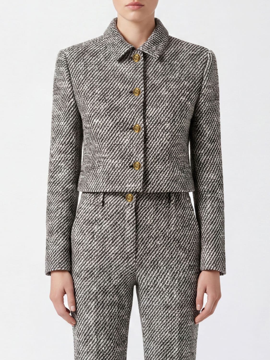 Versace Cropped Single-Breasted Virgin Wool Blazer with Chevron Pattern