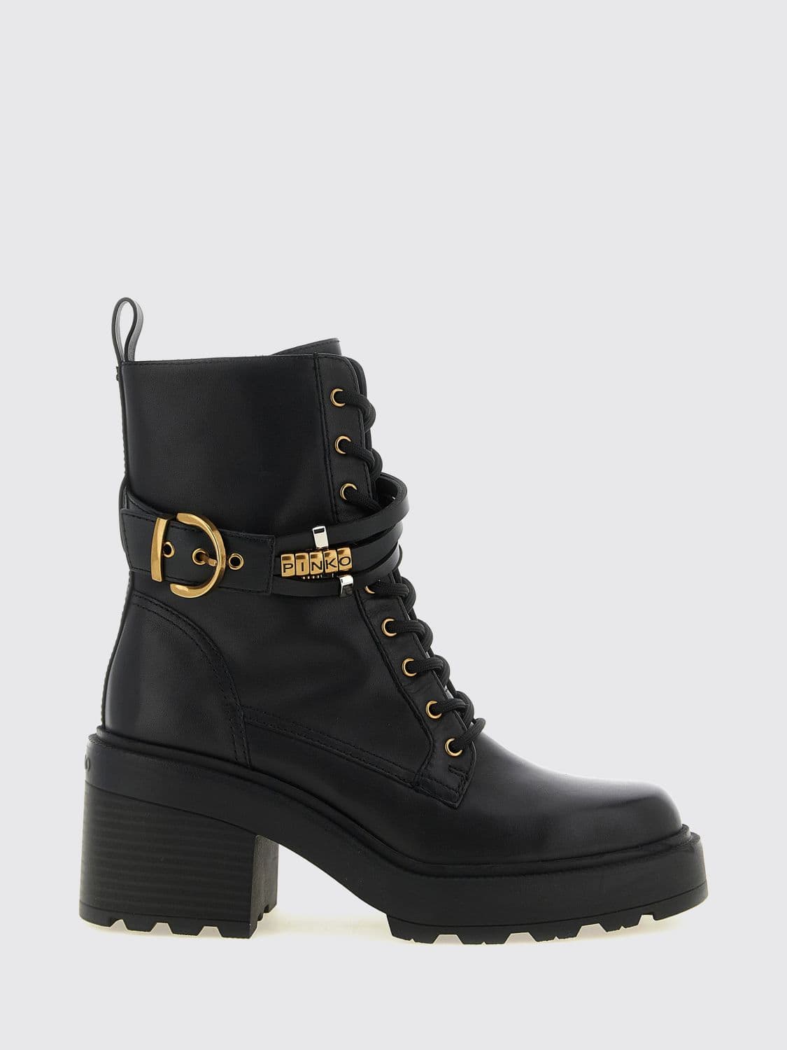 Pinko Altea Leather Combat Boots with Lug Sole and Medium Heel