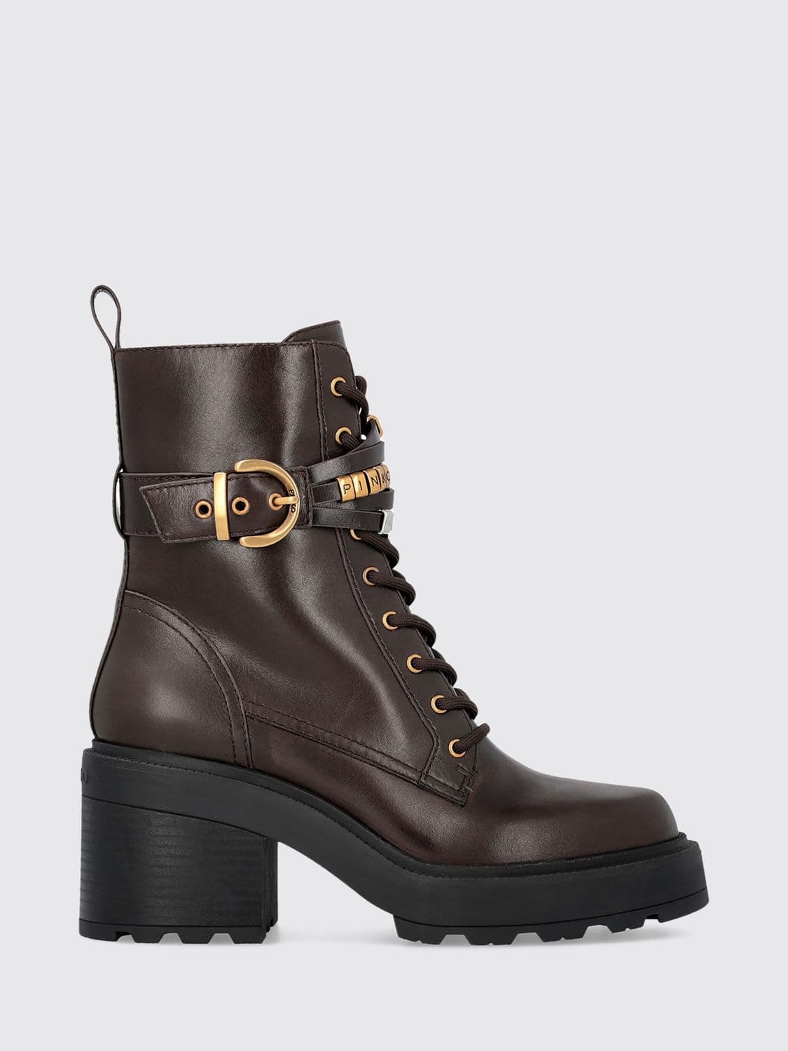 Pinko Altea Leather Combat Boots with Lug Sole and Medium Heel